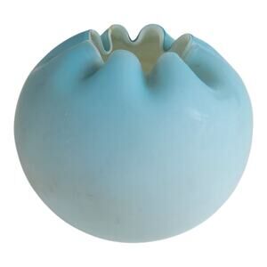 Fenton Blue & White Satin Glass Ruffled Rim Rose Bowl